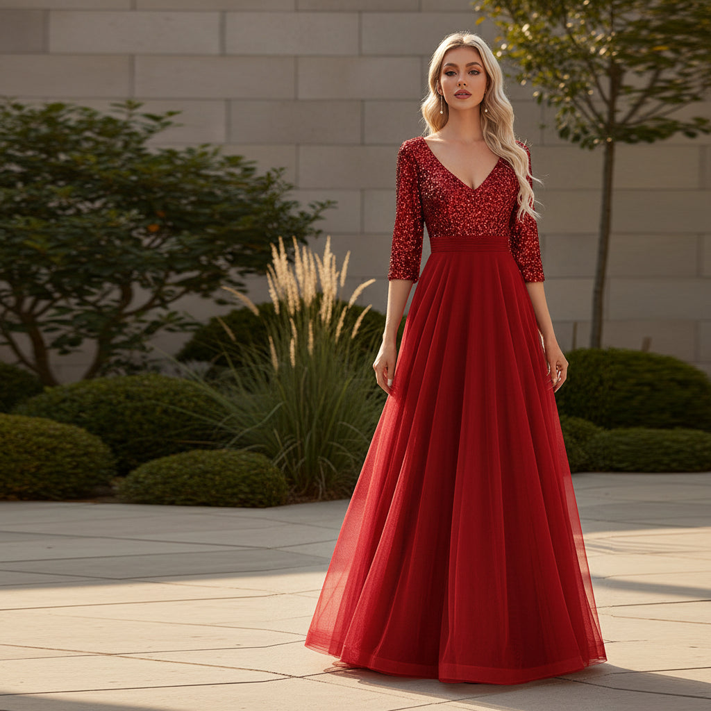 Elegant V-neck prom evening dress for women with formal styling