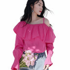 Women's long sleeve pleated off-shoulder blouse