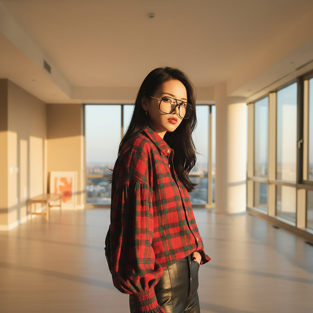 Women’s plaid cotton blouse with square neckline and commuter style