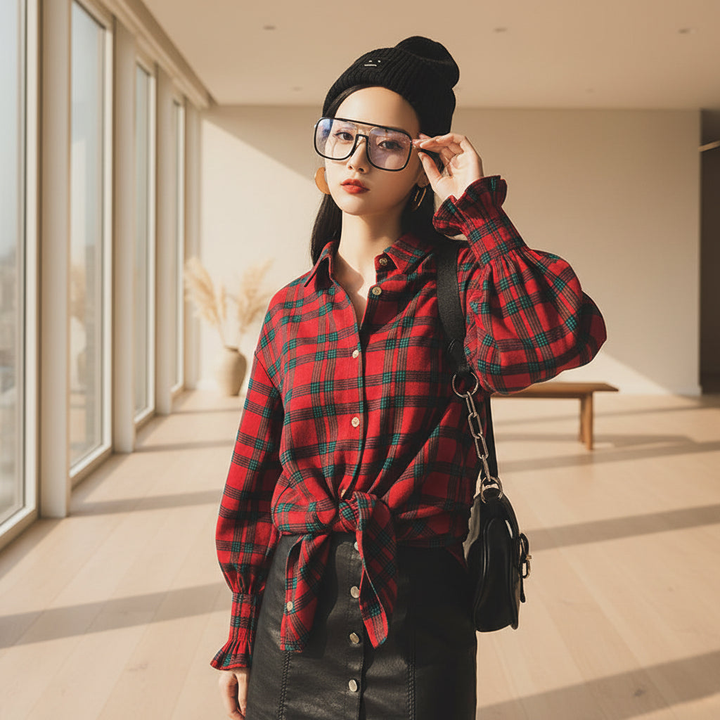 Women’s plaid cotton blouse with square neckline and commuter style