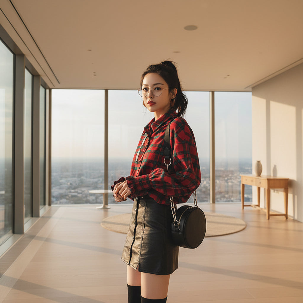 Women’s plaid cotton blouse with square neckline and commuter style