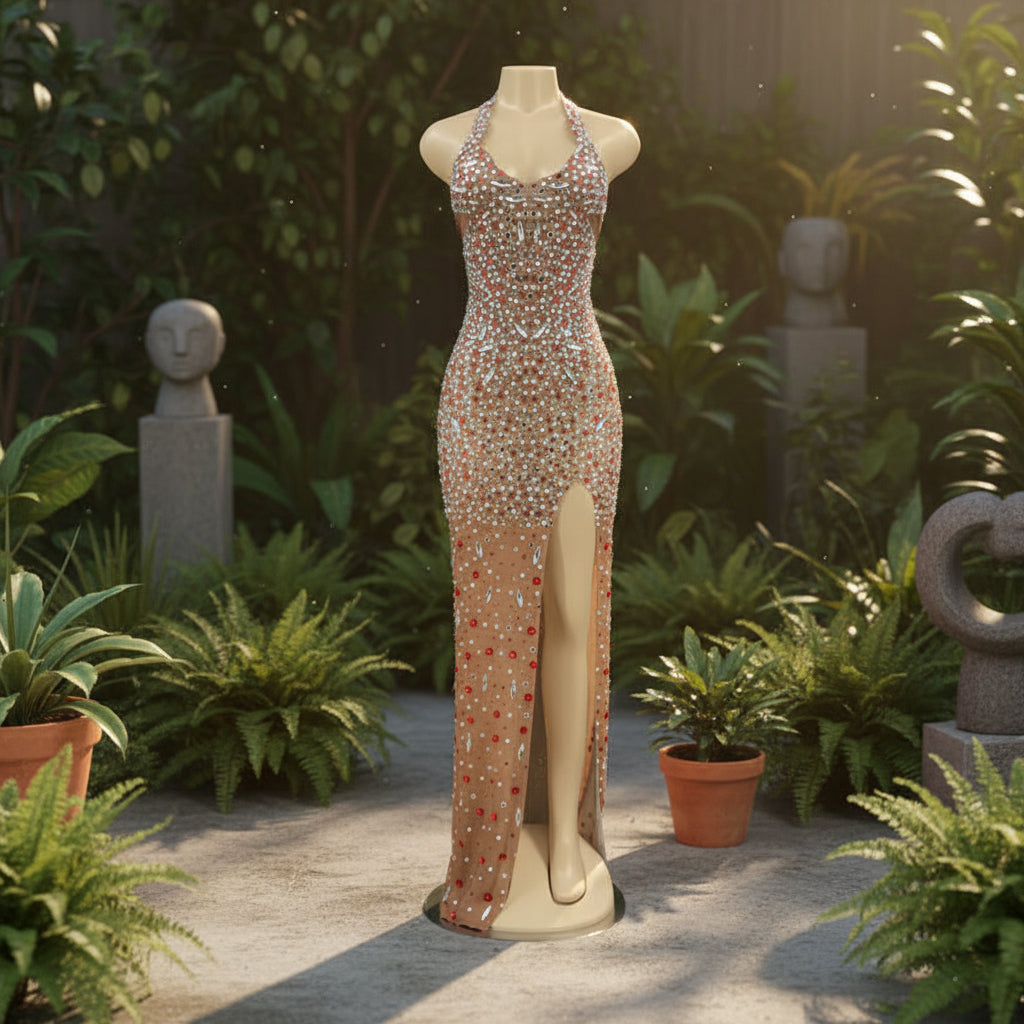 Glitter rhinestone backless prom dress with elegant sequin detailing