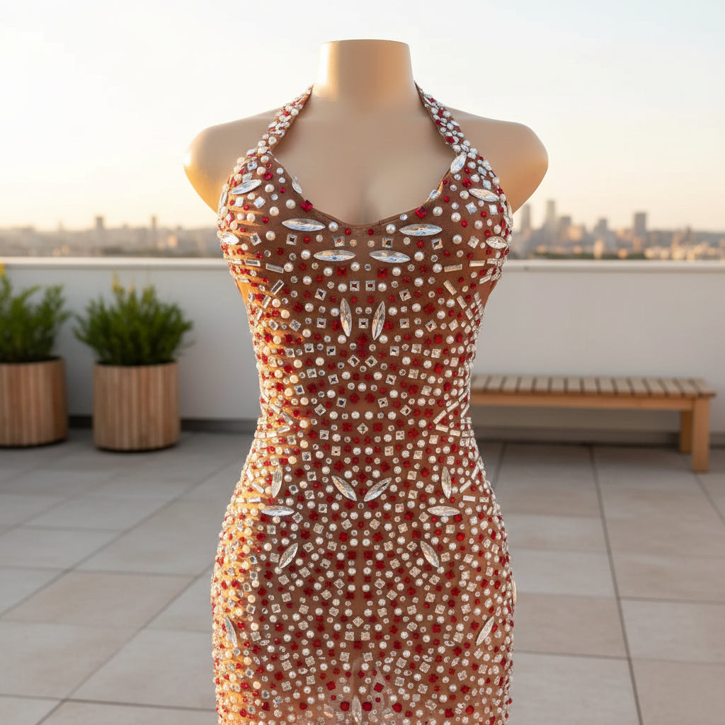 Glitter rhinestone backless prom dress with elegant sequin detailing