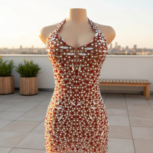 Glitter rhinestone backless prom dress with elegant sequin detailing