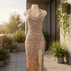Glitter rhinestone backless prom dress with elegant sequin detailing