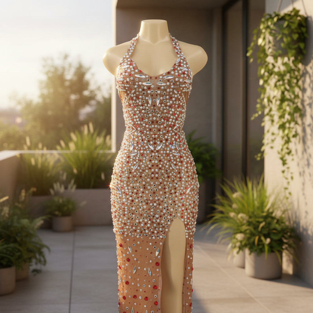 Glitter rhinestone backless prom dress with elegant sequin detailing