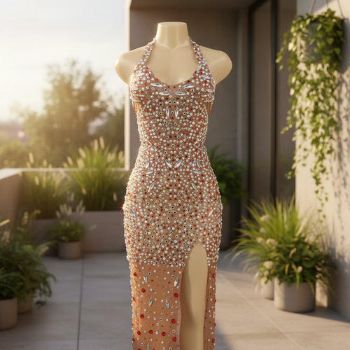 Glitter rhinestone backless prom dress with elegant sequin detailing