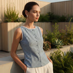 Women’s retro plaid sleeveless blouse with slim fit and minimalist design