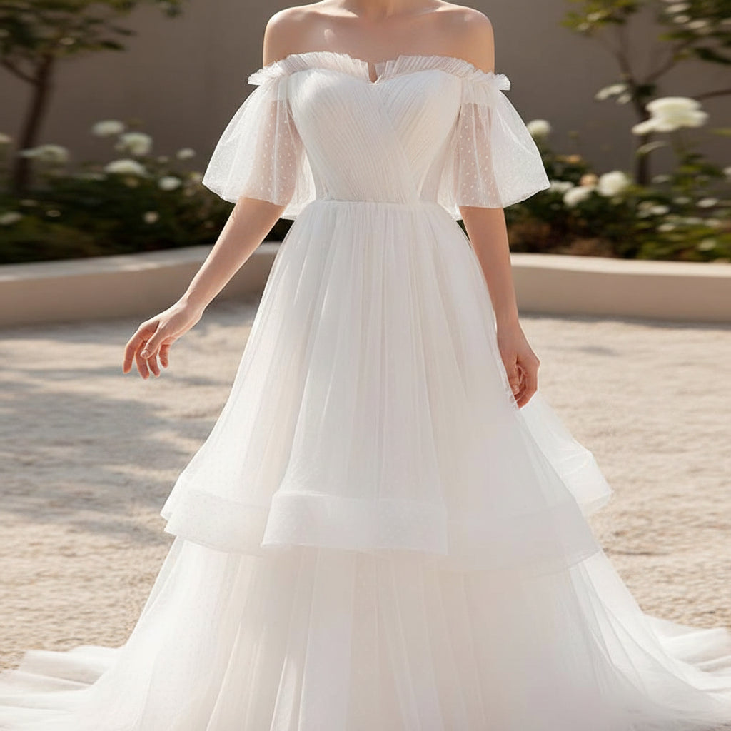Elegant off shoulder prom dress with graceful formal silhouette