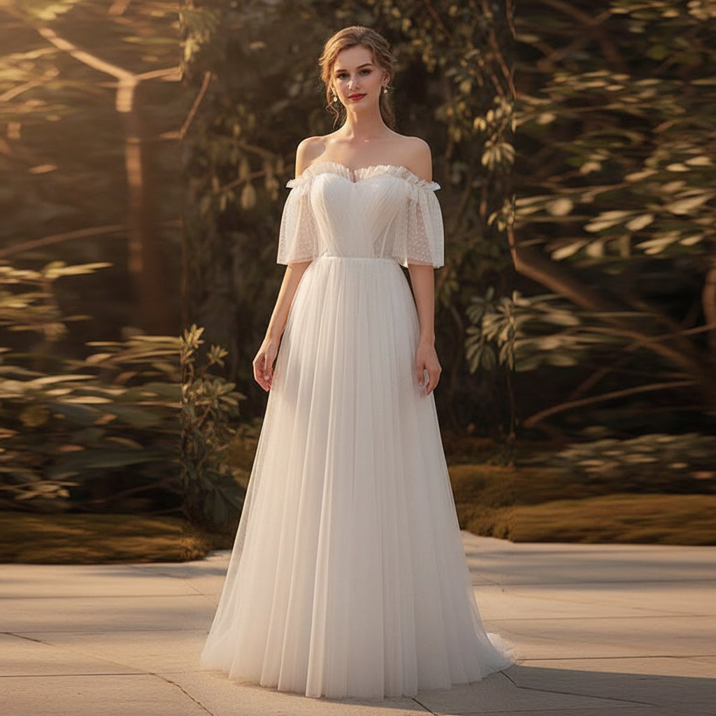 Elegant off shoulder prom dress with graceful formal silhouette