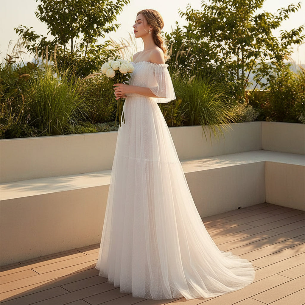 Elegant off shoulder prom dress with graceful formal silhouette