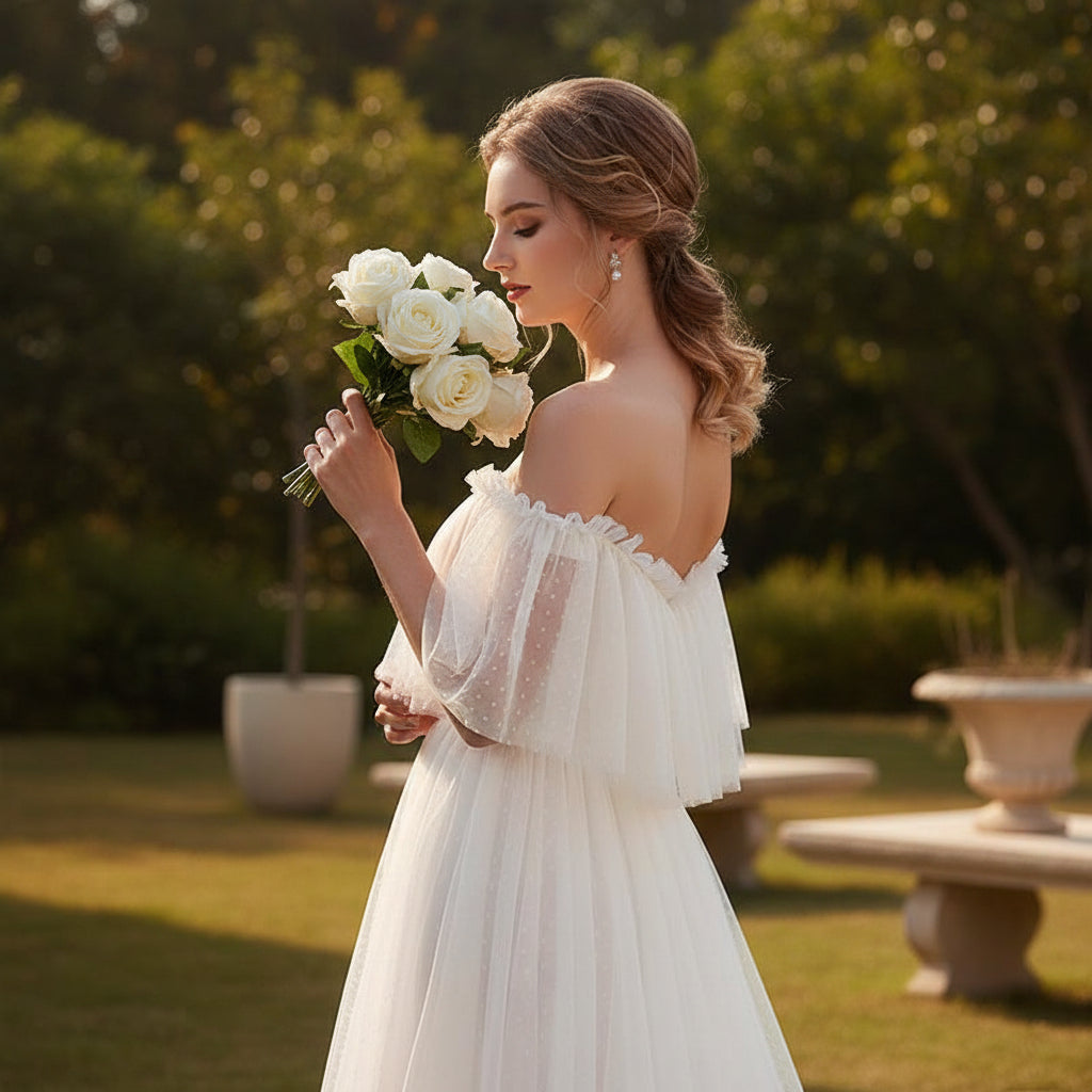 Elegant off shoulder prom dress with graceful formal silhouette
