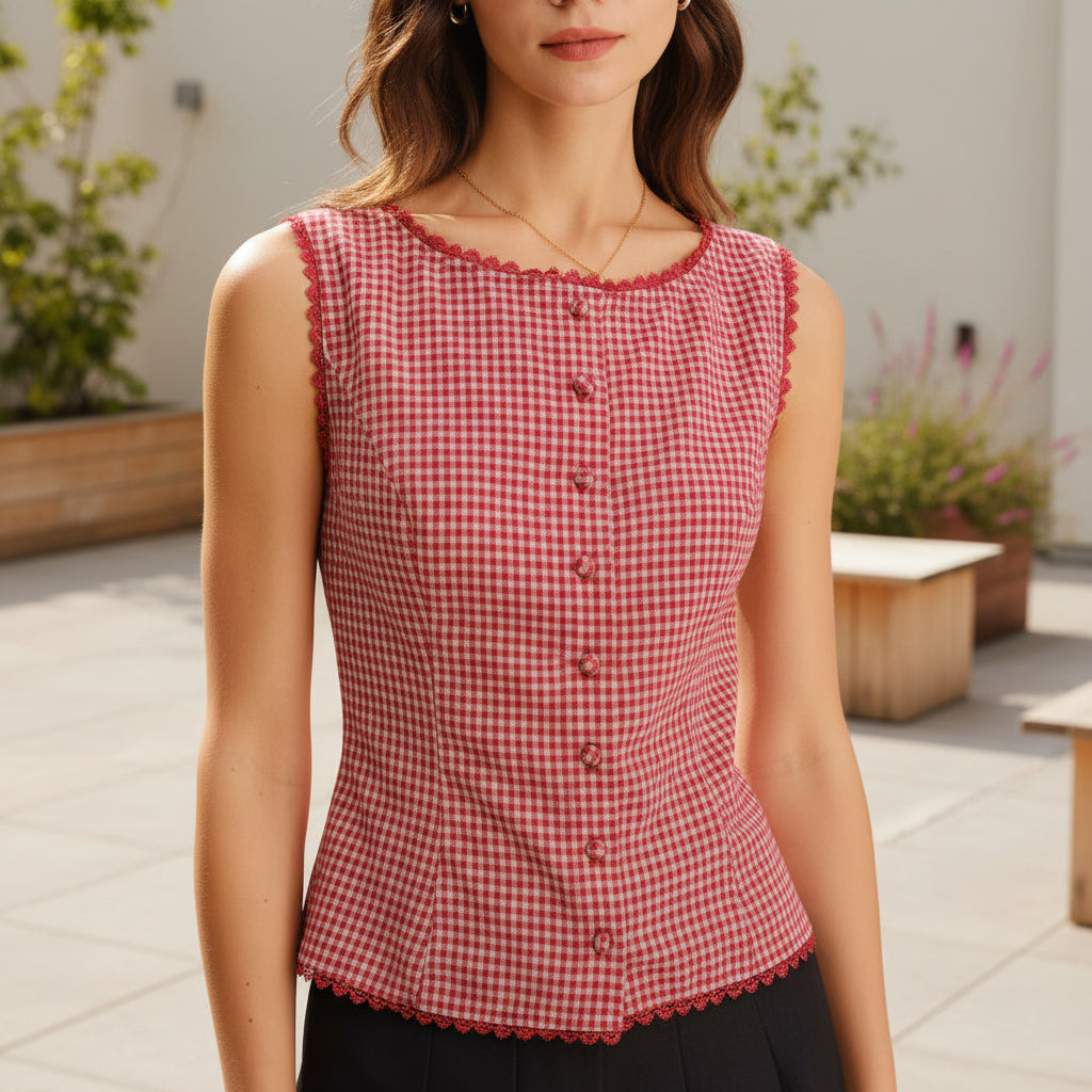 Women’s retro plaid sleeveless blouse with slim fit and minimalist design