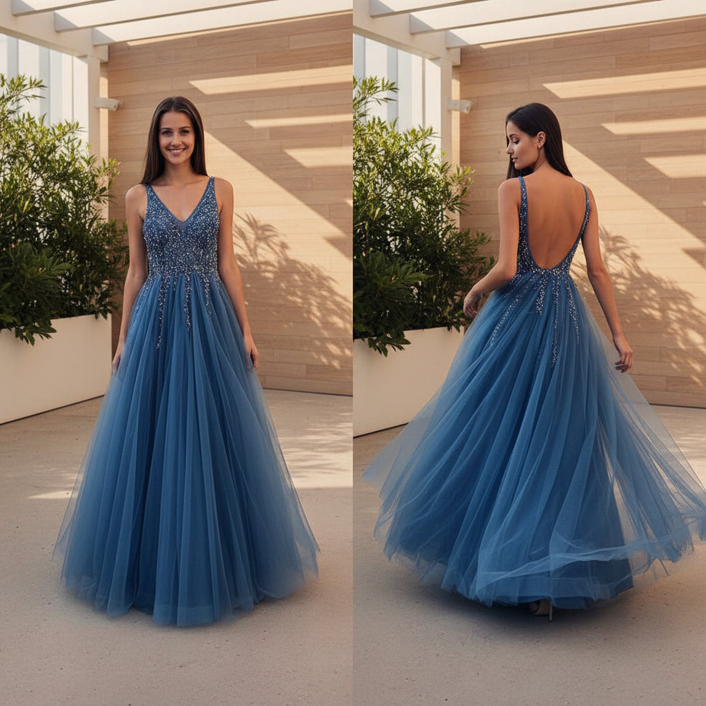Women's V-neck sleeveless prom dress with elegant floor-length design