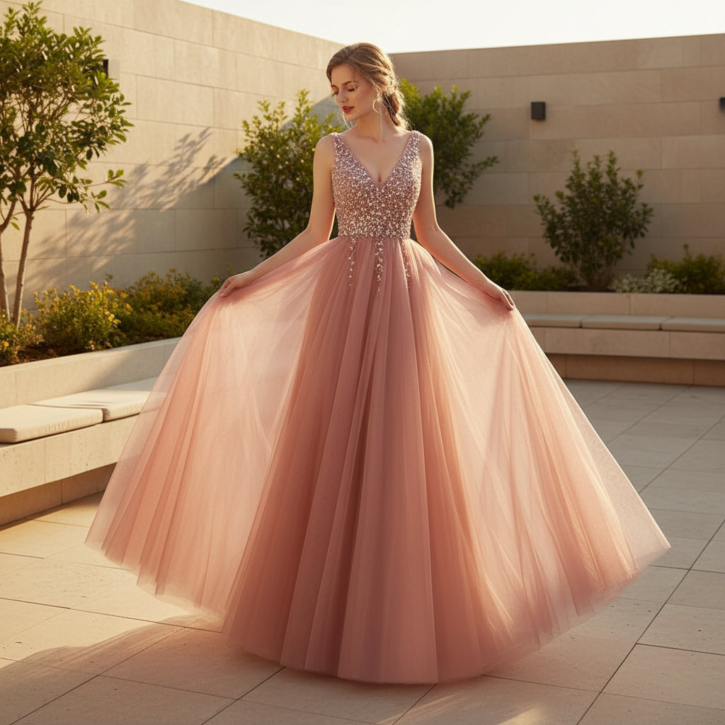 Women's V-neck sleeveless prom dress with elegant floor-length design