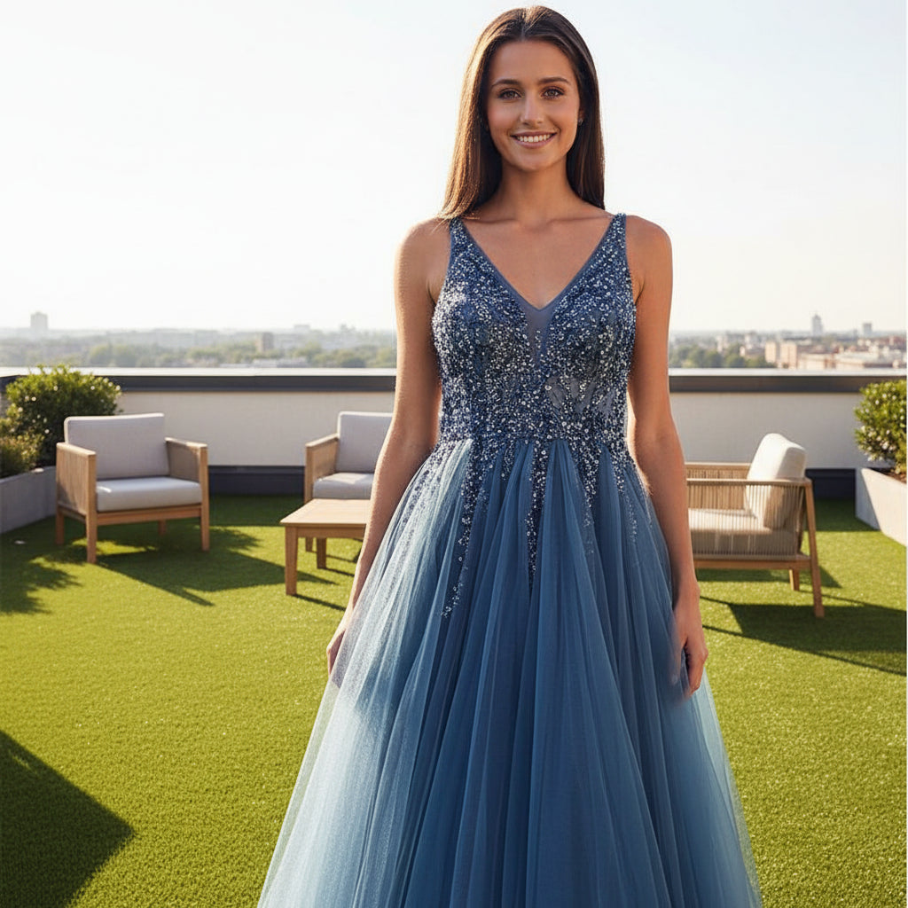 Women's V-neck sleeveless prom dress with elegant floor-length design