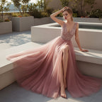 Women's V-neck sleeveless prom dress with elegant floor-length design