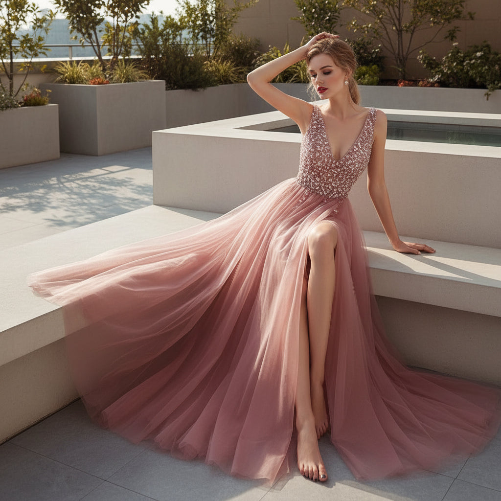 Women's V-neck sleeveless prom dress with elegant floor-length design