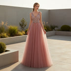 Women's V-neck sleeveless prom dress with elegant floor-length design