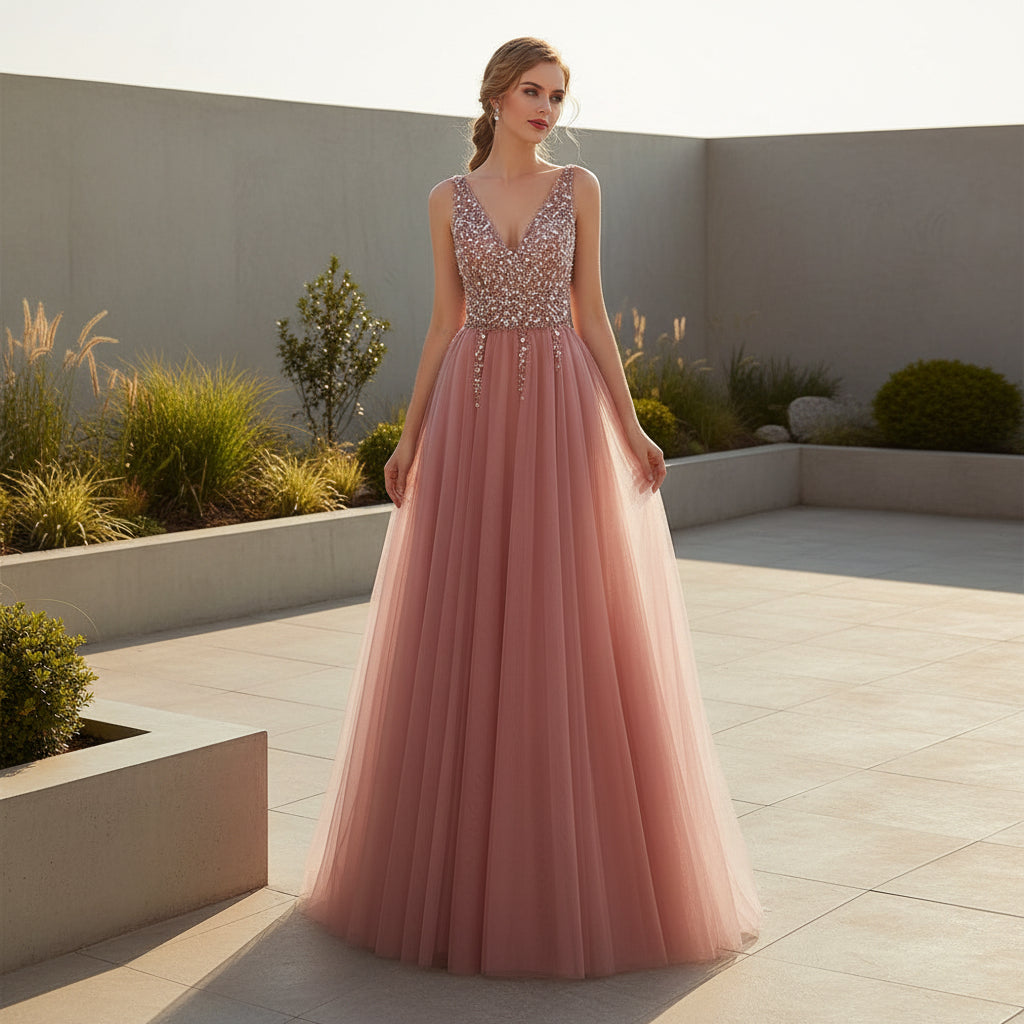 Women's V-neck sleeveless prom dress with elegant floor-length design