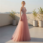 Women's V-neck sleeveless prom dress with elegant floor-length design