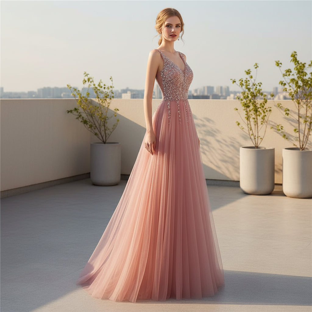 Women's V-neck sleeveless prom dress with elegant floor-length design